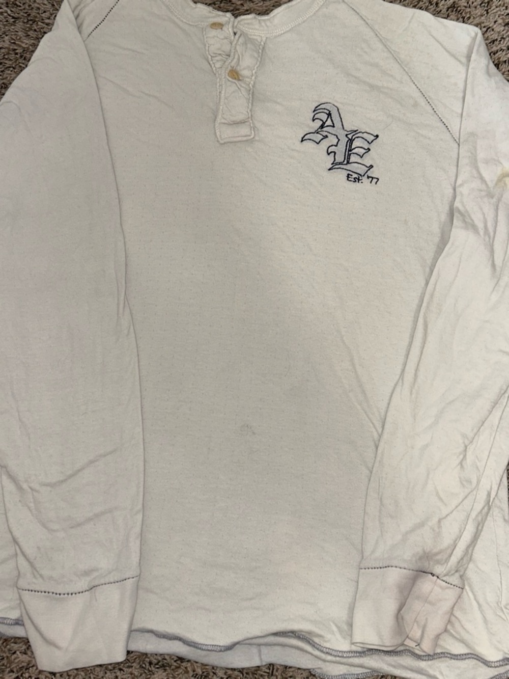 American Eagle Outfitters Cream Long-Sleeve Henley with Chest Logo